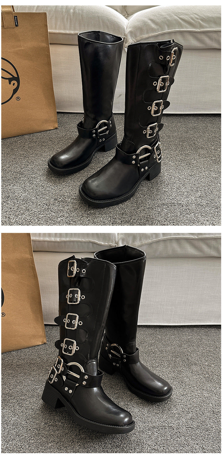 Women's Brown Knee-High Autumn Winter Leather Denim High Shaft Equestrian Boots 6