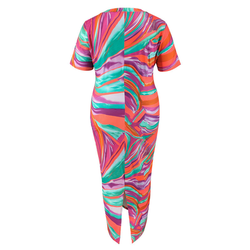 Plus Size Geometric Pattern Print Short Sleeves V-Neck Dress 7