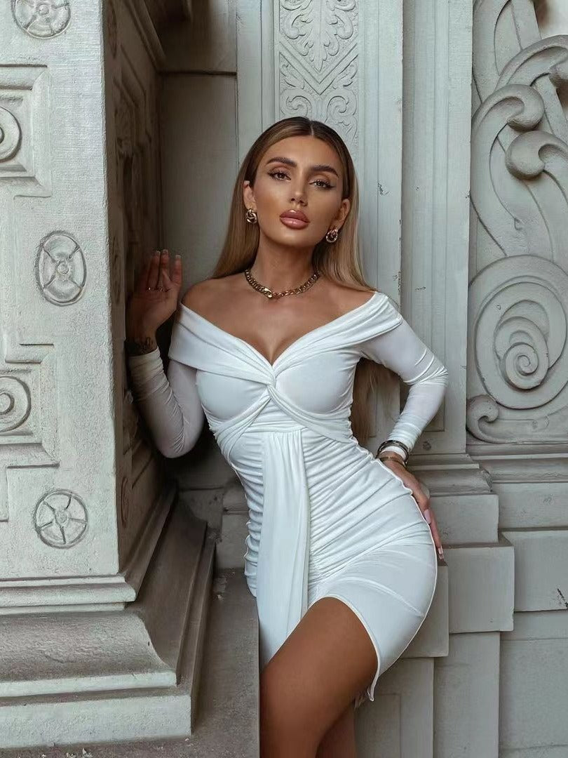 Spring Women's Long-Sleeved Sexy V-Neck Off-The-Shoulder Pleated Dress 4