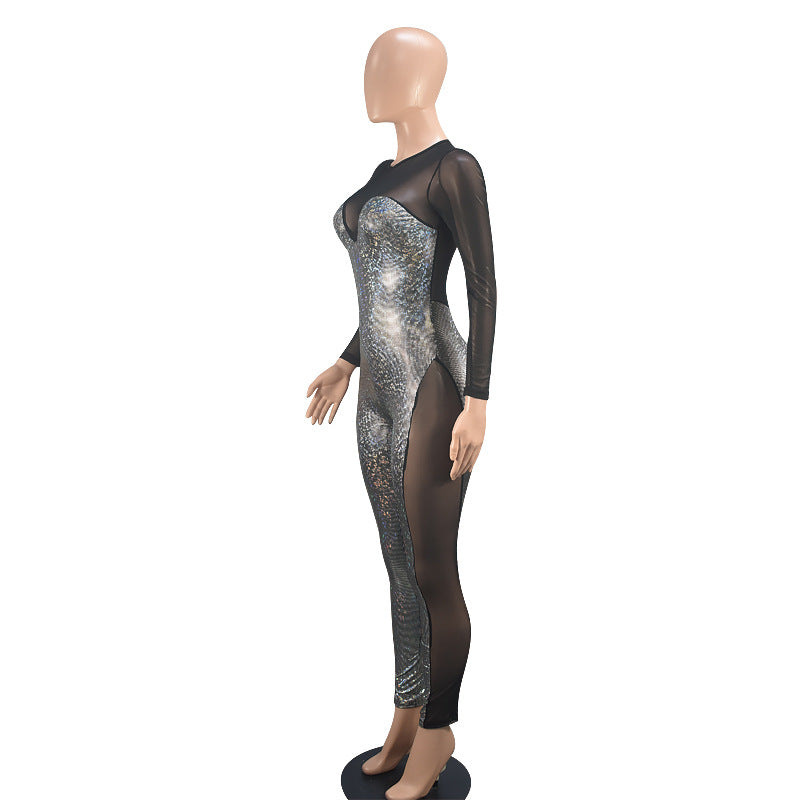 Women's Sexy See-Through Slim Sequined Mesh Long Sleeve Jumpsuit 11