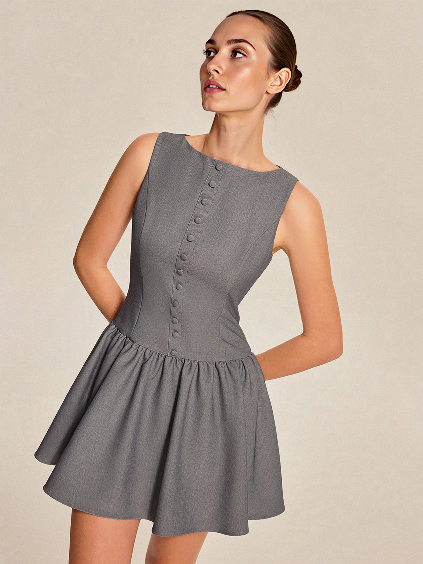 Women summer sleeveless Casual button ruffle elegant mini dress 8