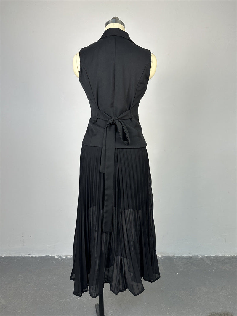 Women Summer Turndown Collar Vest And Pleated Skirt Casual Two-piece Set 9