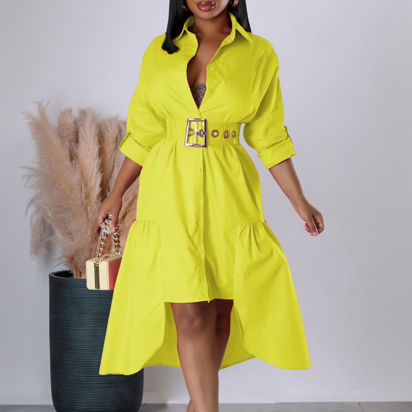 Women's Turndown Collar Solid Color Fashion Loose Casual Button Irregular Shirt Dress 3