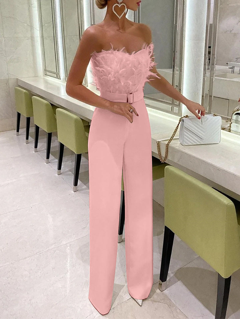 Spring Summer Feather Strapless Sexy Fashion Jumpsuit 5