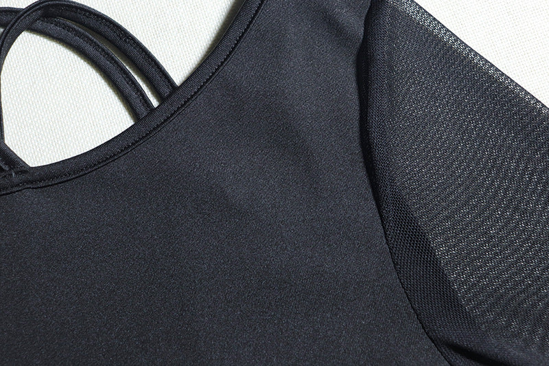 Solid Color Sexy Deep V-Neck Mesh Patchwork Long-Sleeved Bodycon Dress 17