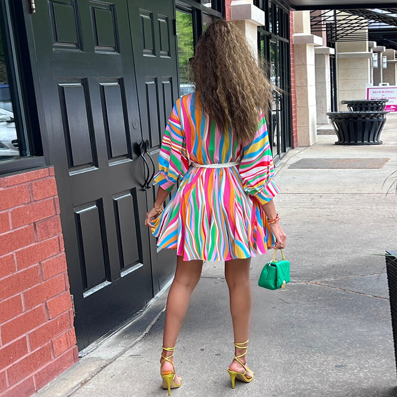 Women striped v-neck sexy belted dress 3