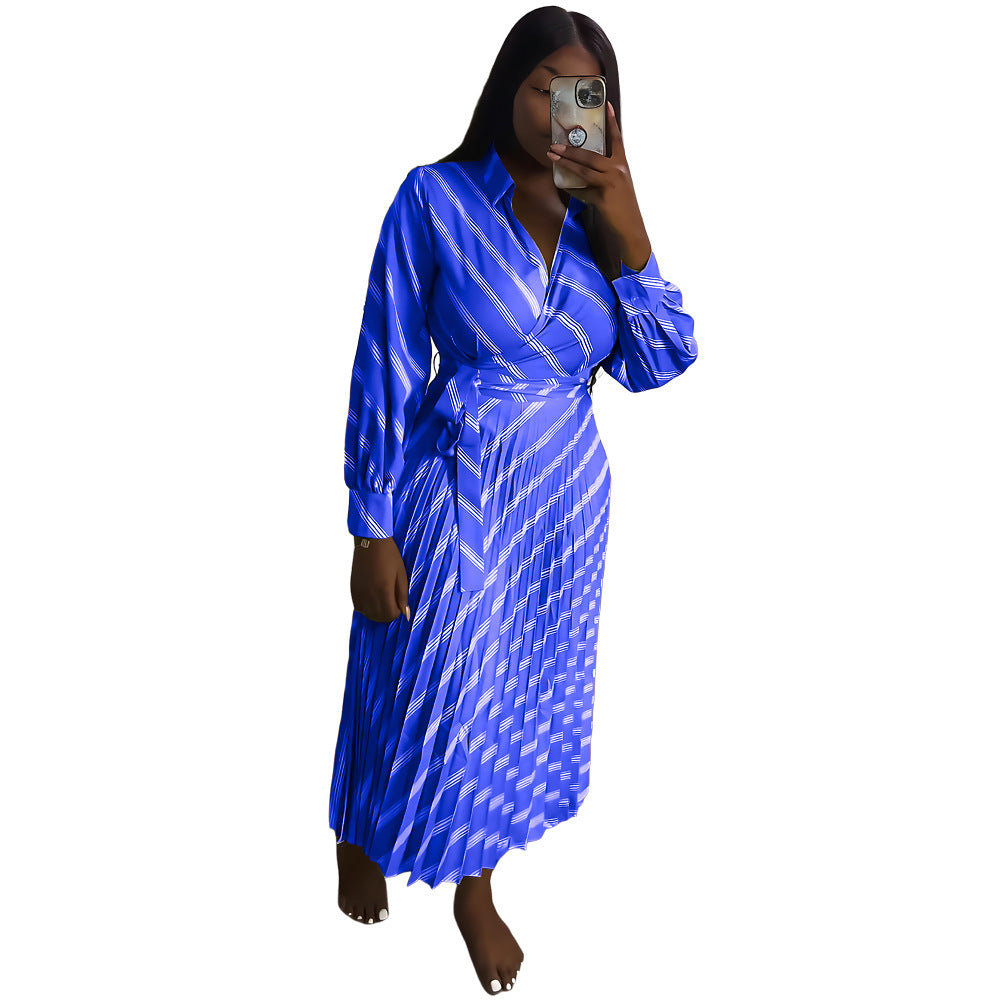 Striped Turndown Collar Casual Summer Women's  Pleated Slim Waist Long Dress 6