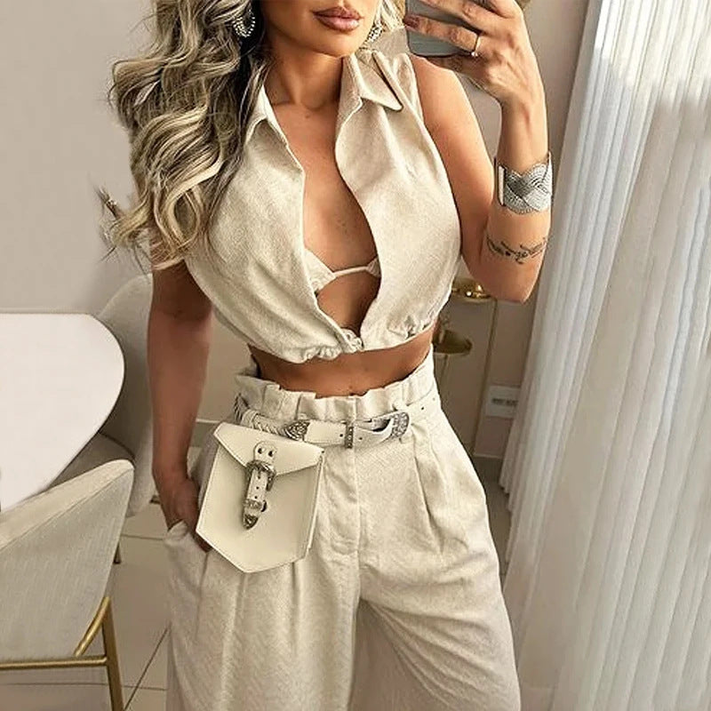 Women Summer Solid Turndown Collar Sexy Sleeveless Top and Pant Two-piece Set 5