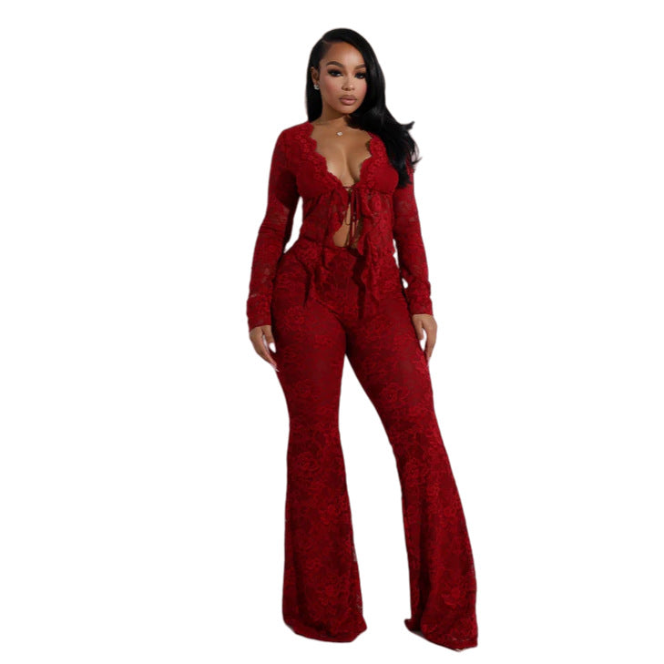 Women sexy with hollow long sleeves lace Top and Pants Two-piece Set 5