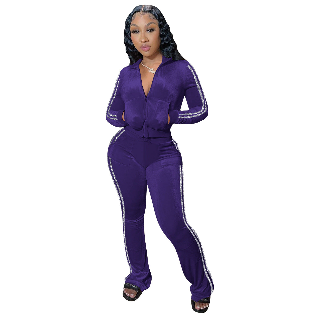 Women's Solid Velvet Casual Zip Top Wide Leg Pants Two Piece Tracksuit 3