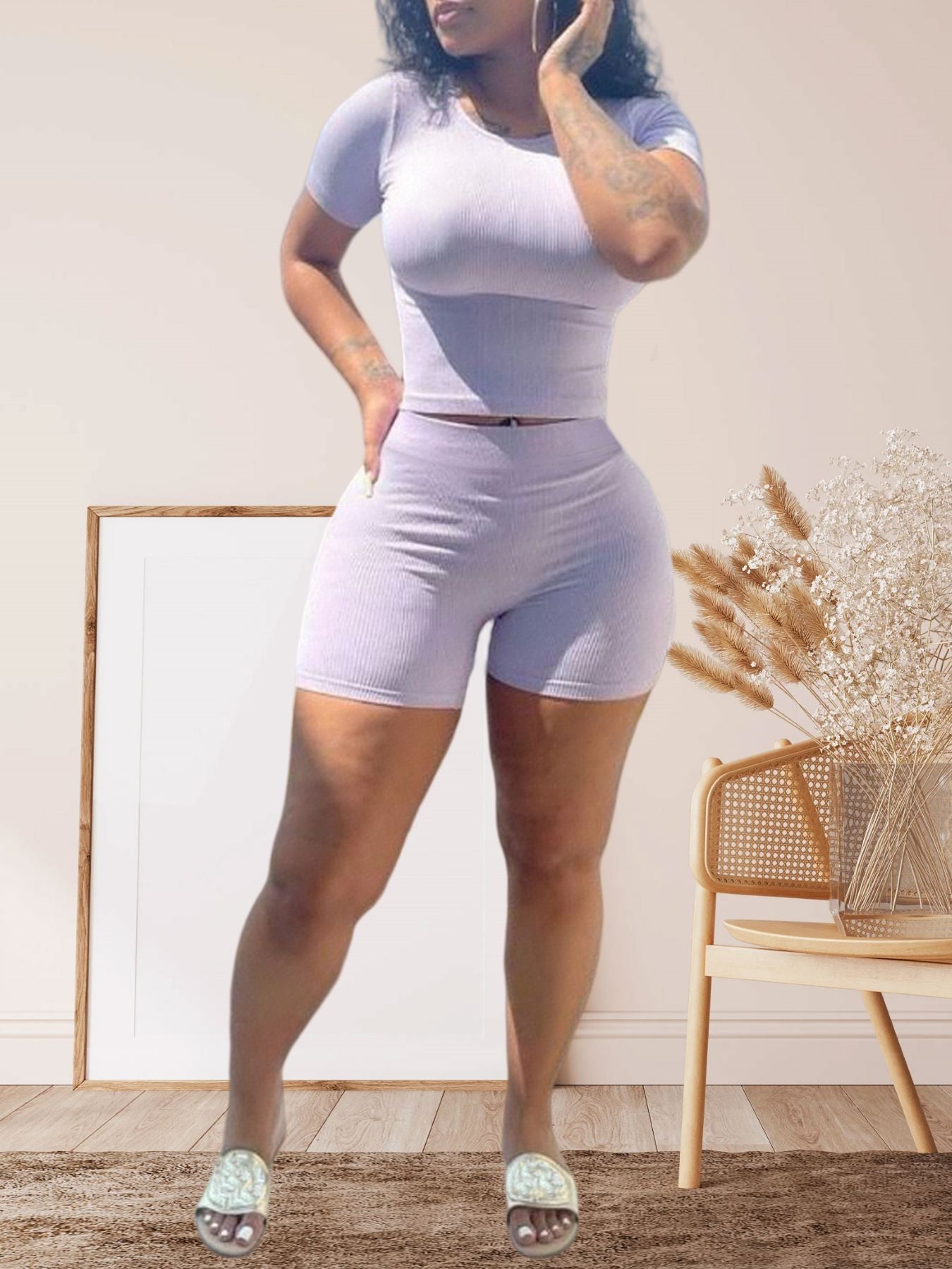 Women Solid Street Crop Top and Shorts Two-piece Set 5