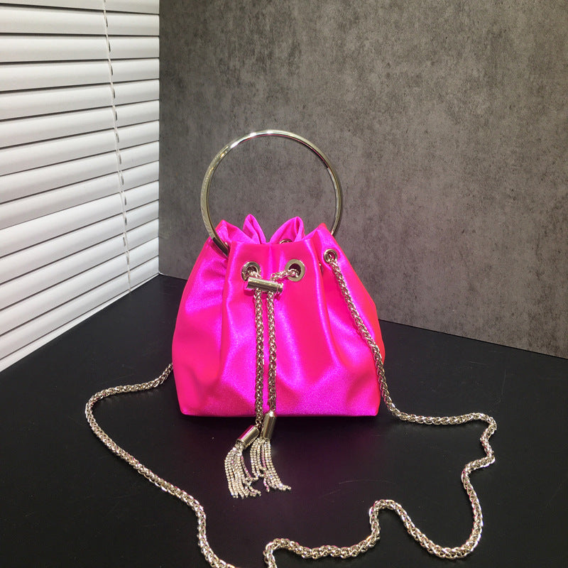 Women's Dinner Bag Flash Diamond Tassel Drawstring Satin Handheld Mini Bucket Bag Chain Messenger Bag 4