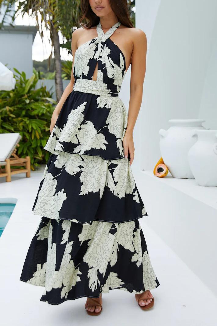 Women Spring Summer Sexy Printed Cascading Ruffles Dress 3