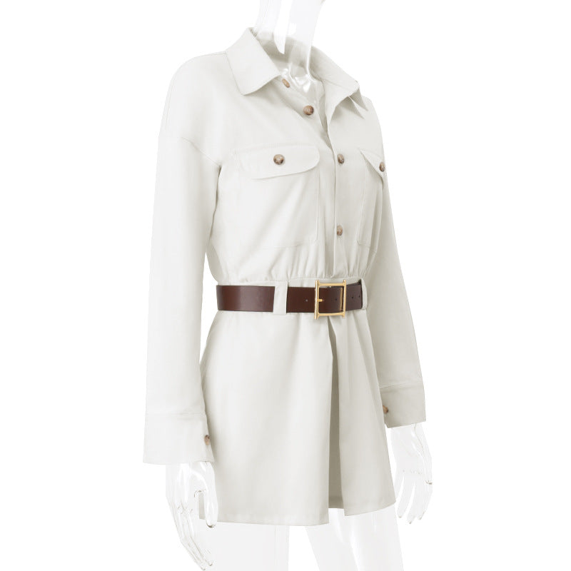 Autumn Women's Fashion Street Button Fake Pocket Long Sleeve Shirt Dress 7