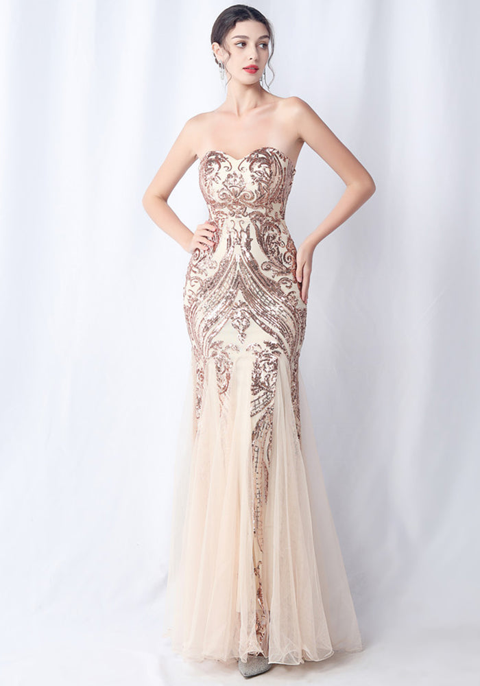Positioned Flower Mesh Sequin Wedding Dinner Evening Dress