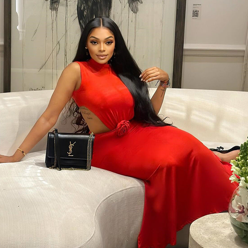 Women's fashion solid color dress sexy Round Neck sleeveless Open Waist Low Back slim long dress 7