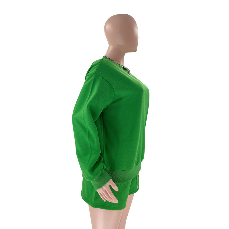 Fall Winter Solid Color Round Neck Pullover Long Sleeve Hoodies Women's Fashion Casual Shorts Two Piece Set 45