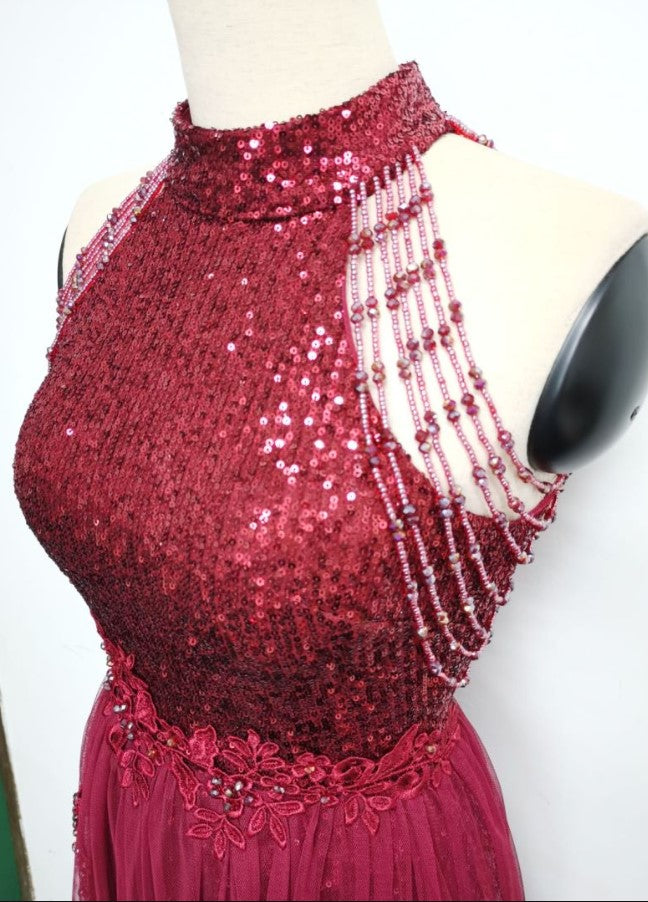 Summer Occassional Red Sequin Mesh Patch Halter Evening Dress 9