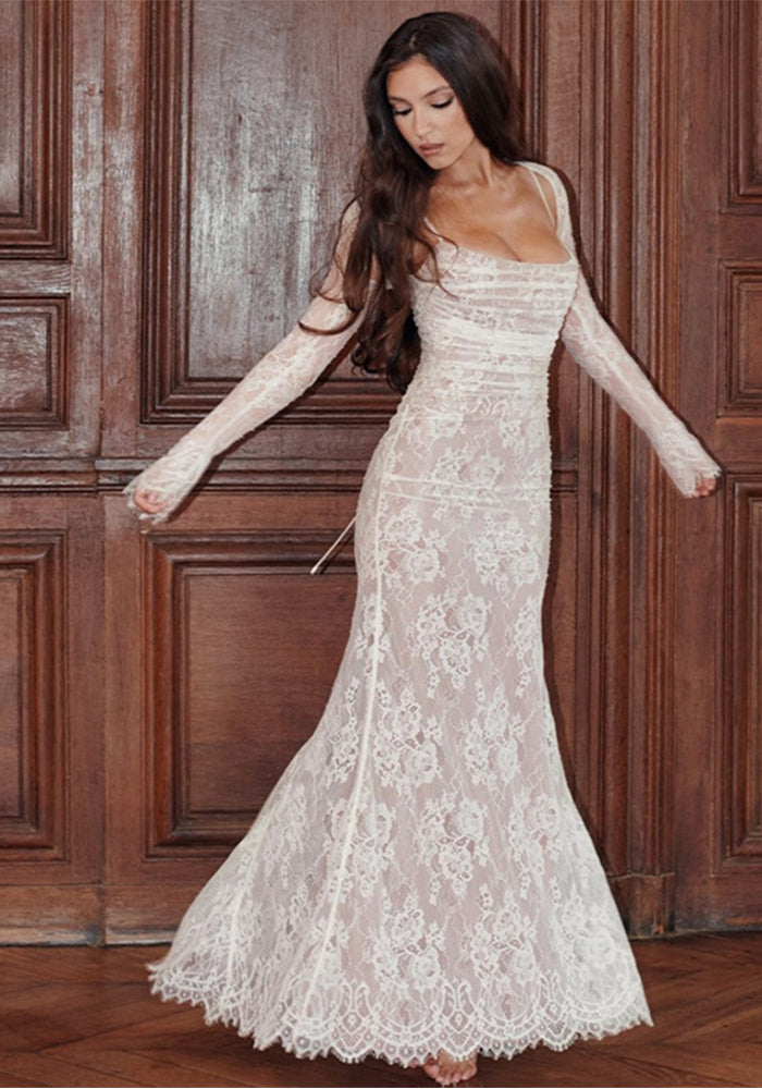 Women autumn sexy long-sleeved suspender hook flower lace Strap Dress