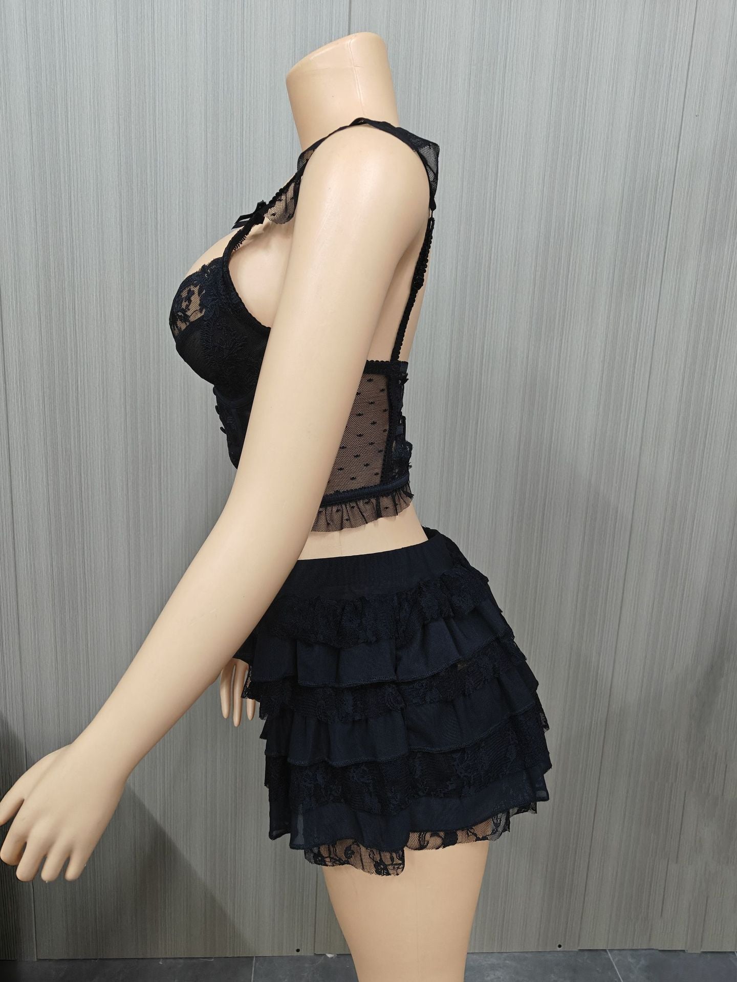 Plus Size Women Summer Sexy Lace Hollow Top and Skir Two-Piece Set 14