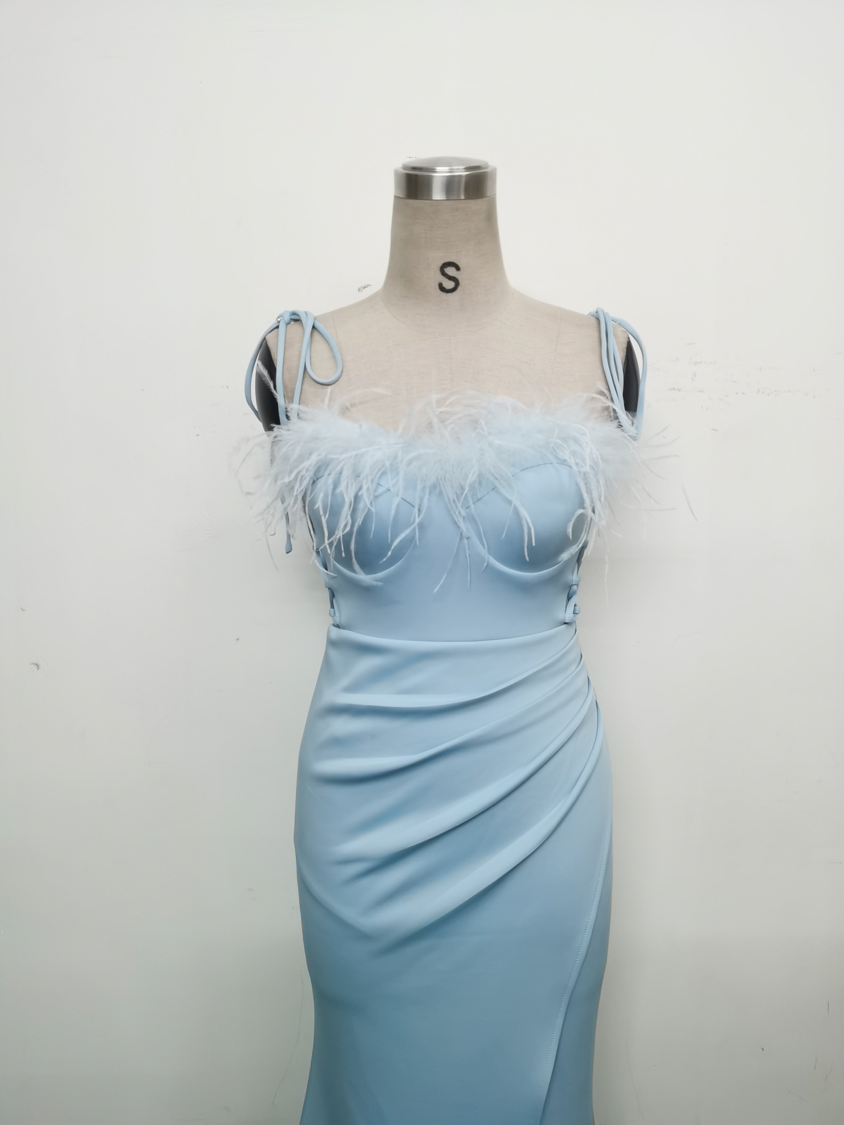 Feather Strap Slim Waist Solid Color Slit Evening Dress 19