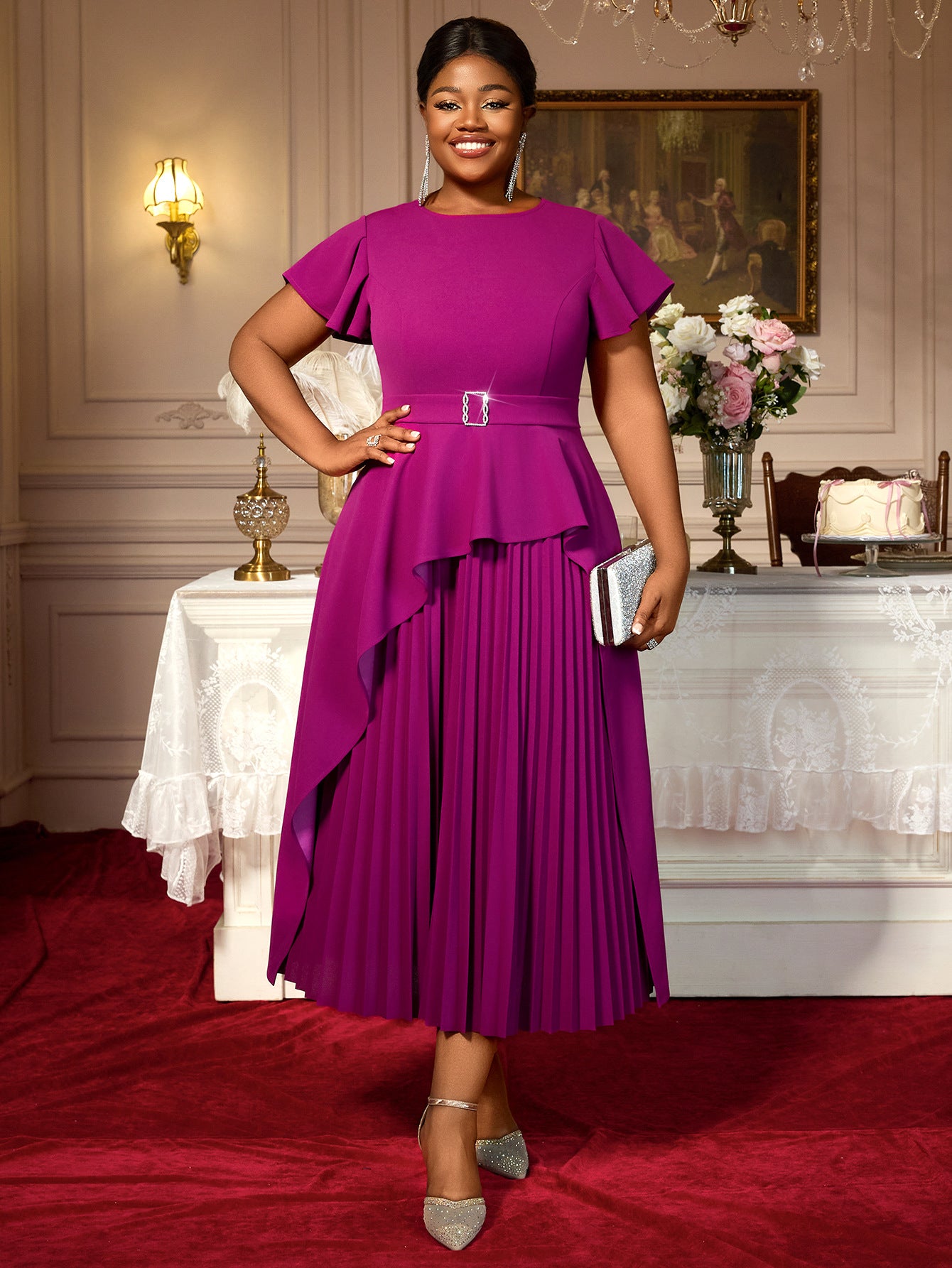 Plus Size Women Round Neck Short Sleeve Irregular Ruffle Elegant Dress 11