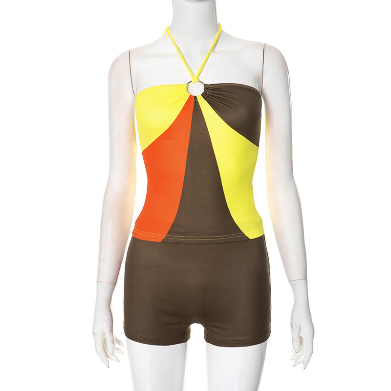 Spring Summer Women's Ring Halter Neck Multi-Color Low Back Vest Bodycon Holiday Shorts Two Piece Set 5