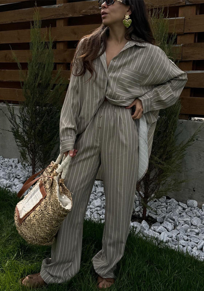 Women's Spring And Autumn Fashion Striped Loose Long Sleeve Shirt Wide Leg Pants Two Piece Set
