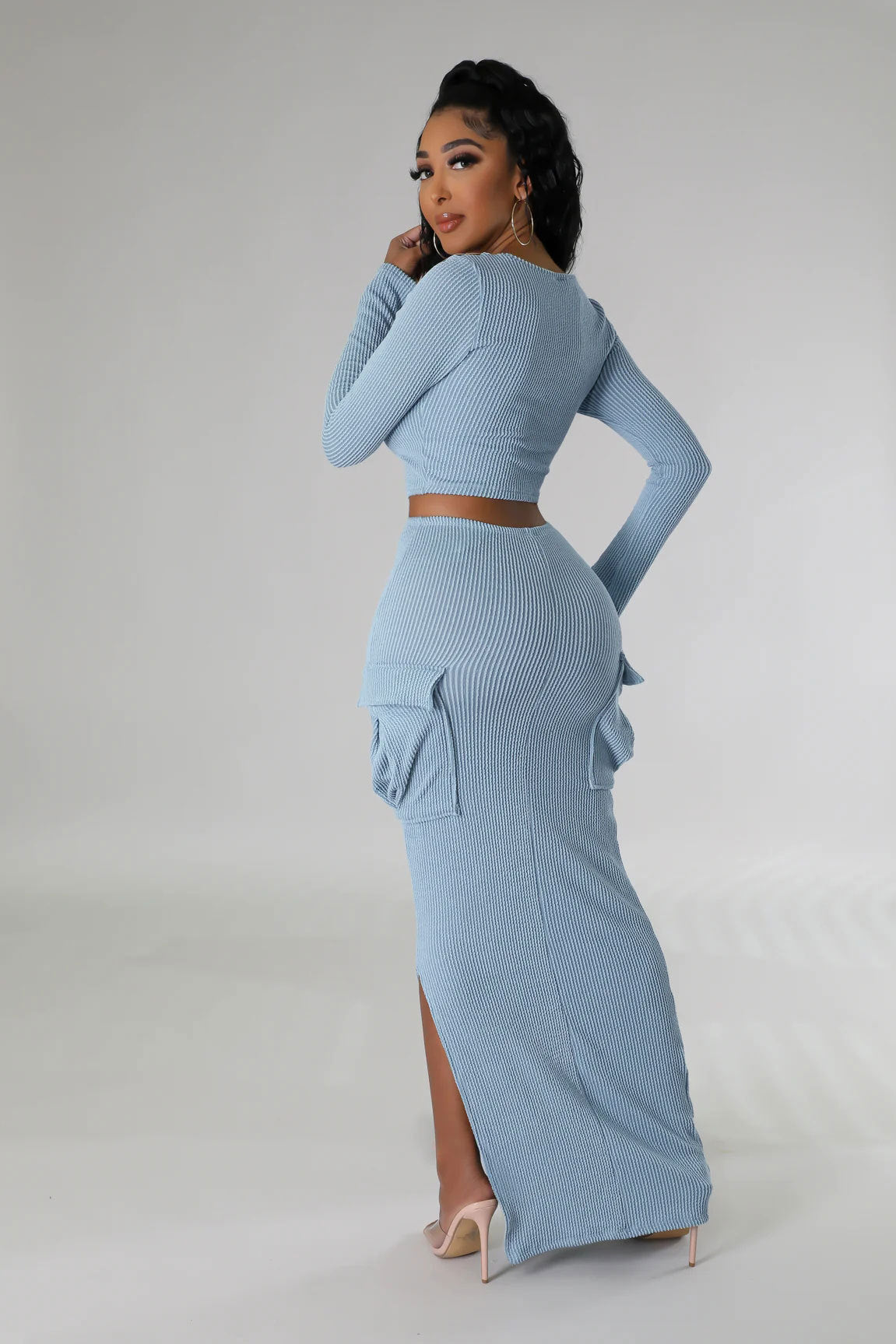 U-neck Tight Fitting short top with high waist and slit Bodycon long skirt autumn and winter two-piece set 17