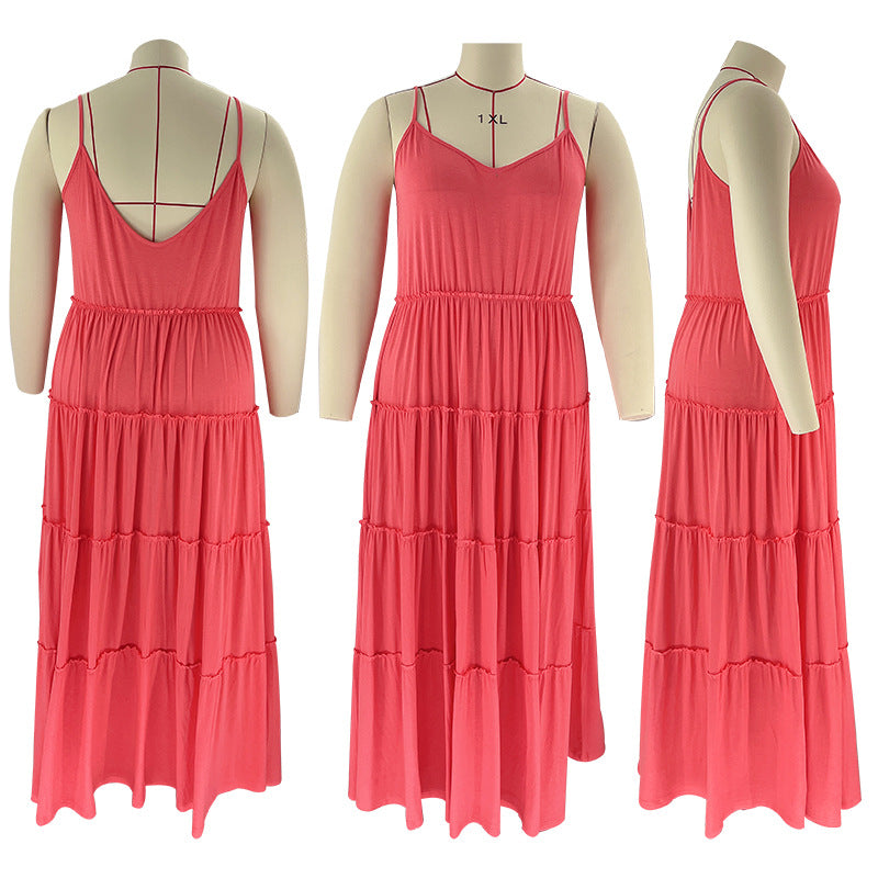 Summer Plus Size Women's Solid Color Sexy Camisole Pleated Patchwork Fashion Casual Dress 26