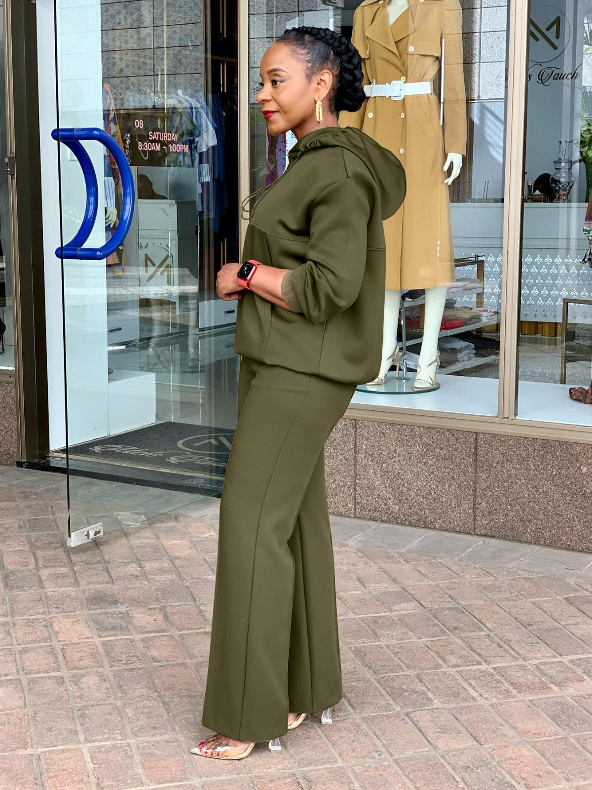 Women Solid Loose Pocket Hooded Drawstring Top and Pant Two-piece Set 5