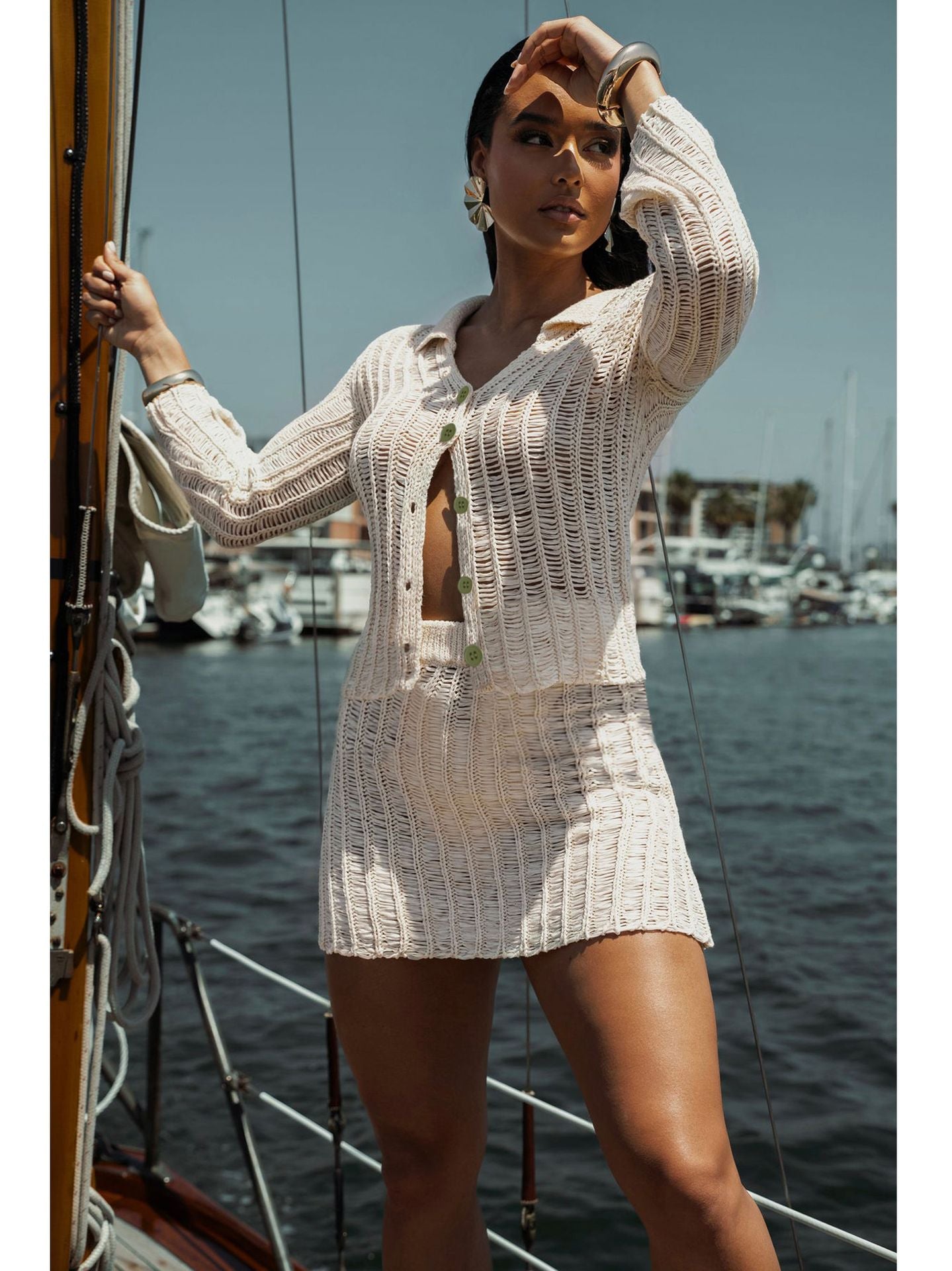 Women Casual Knitting Long Sleeve Top and Mini Skirt Two-piece Set 3