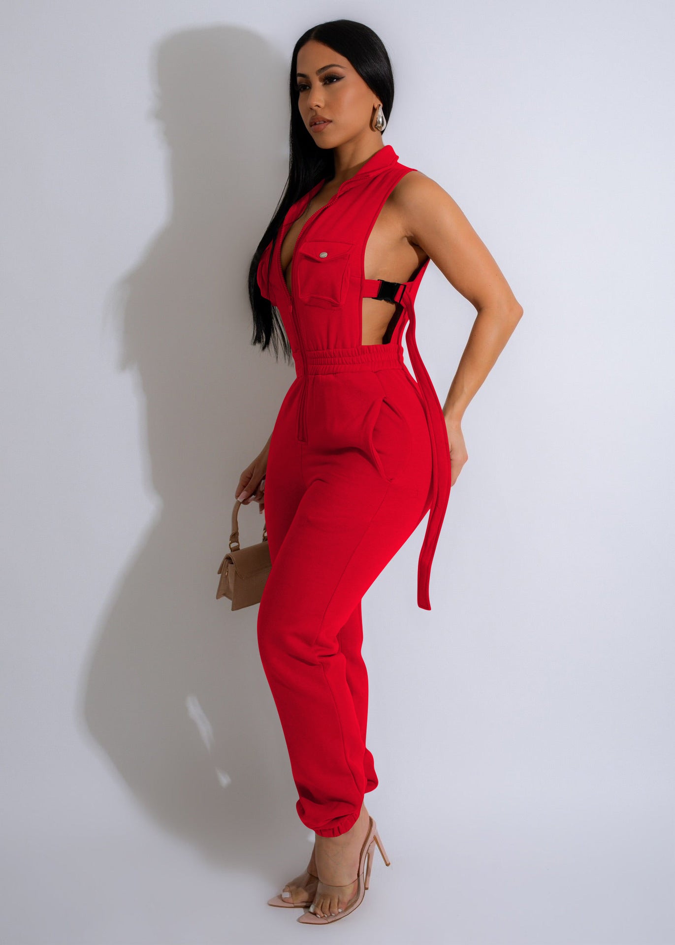 Women Solid Zipper Pocket Jumpsuit 3