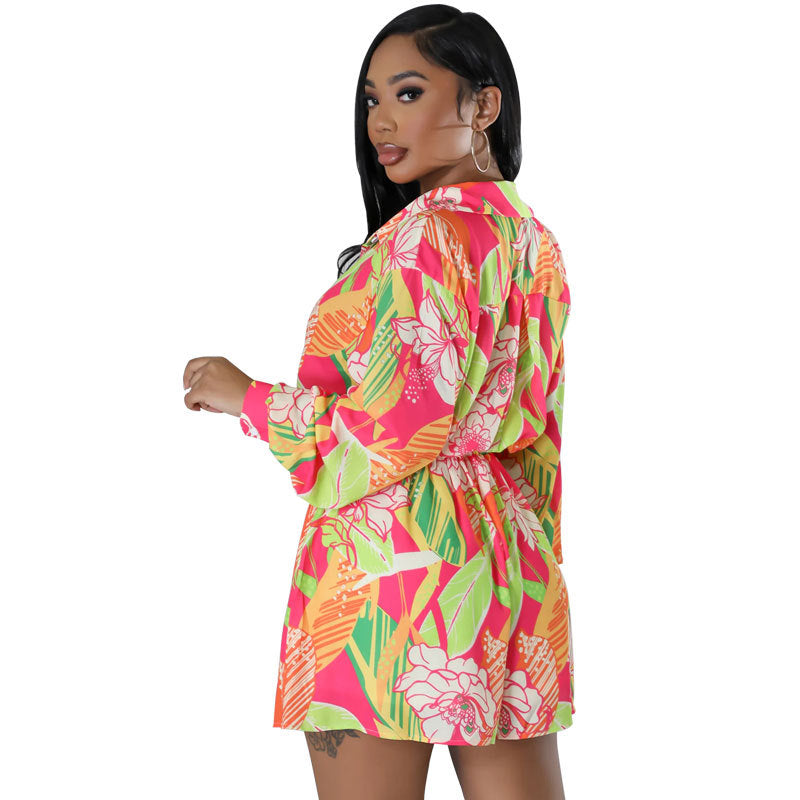 Women Spring Printed Shirt and Shorts Casual Two-piece Set 3