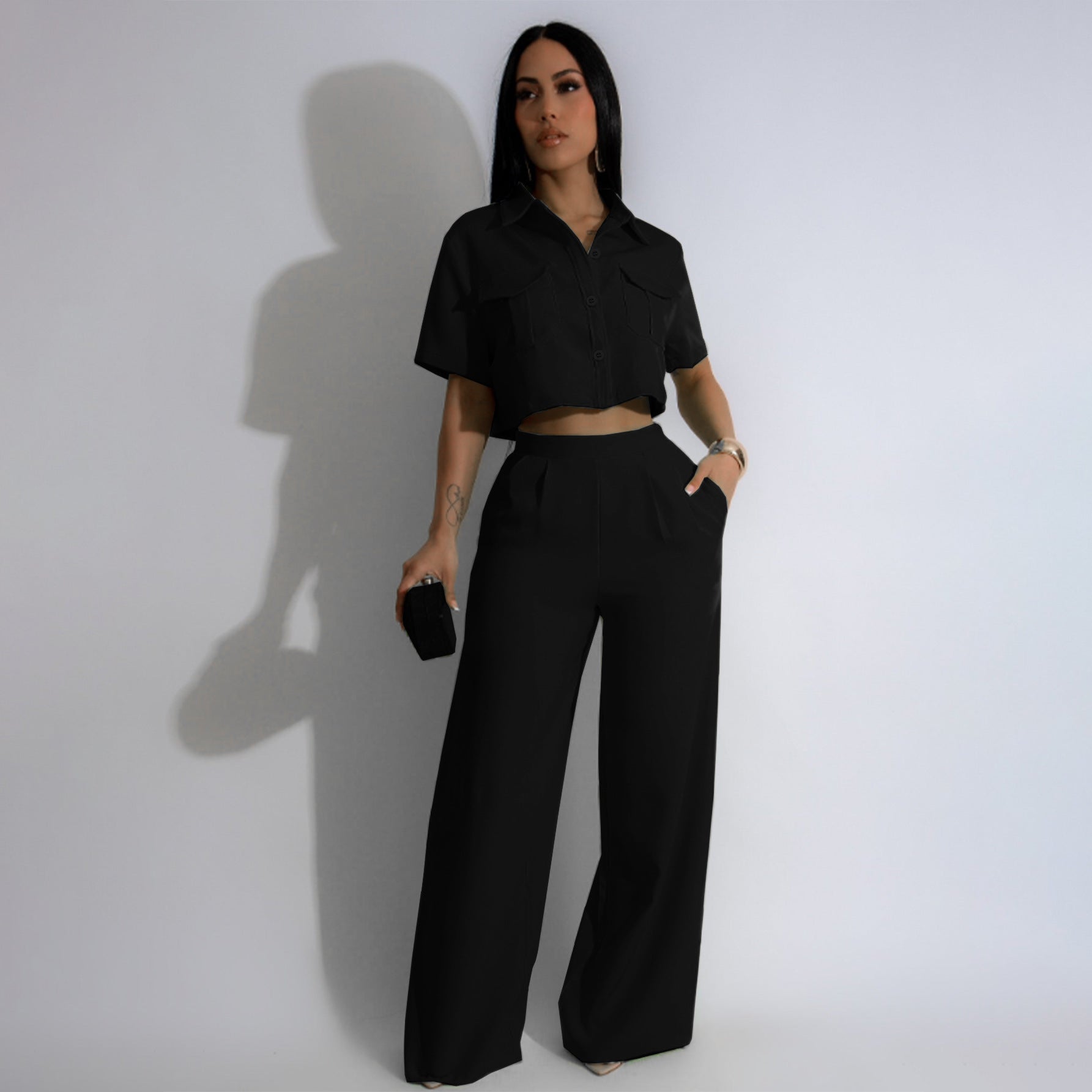 Women's Summer Fashion Turndown Collar Short Sleeve High Waisted Wide Leg Fashion Two Piece Pants Set 3