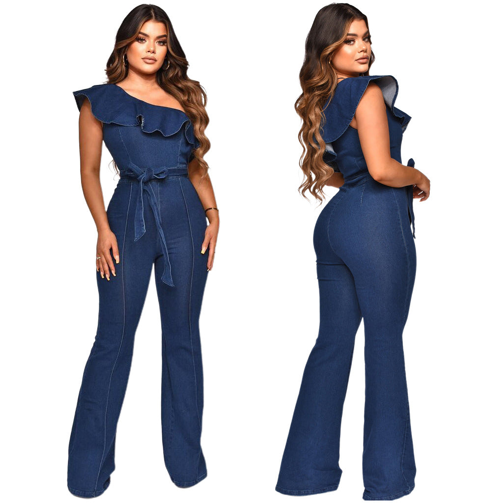 Women Ruffle Slash Shoulder Stretch Wide Leg Denim Jumpsuit