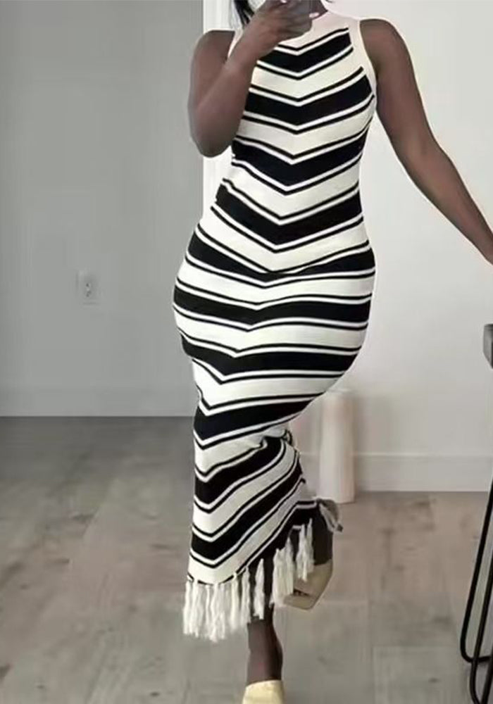 Sleeveless Color-Block Striped Knit Dress Summer Slim Fit Chic Bodycon Fringe Bodycon Dress