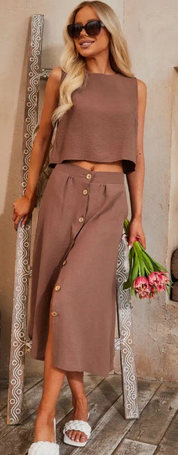 Women Casual Solid Round Neck Top and Skirt Two Piece Set 36