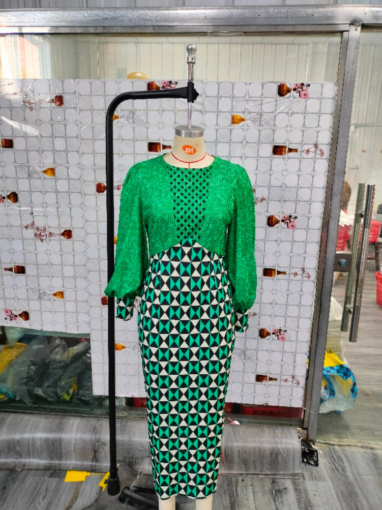 Plus Size Women Round Neck Print Long Sleeve Dress 3