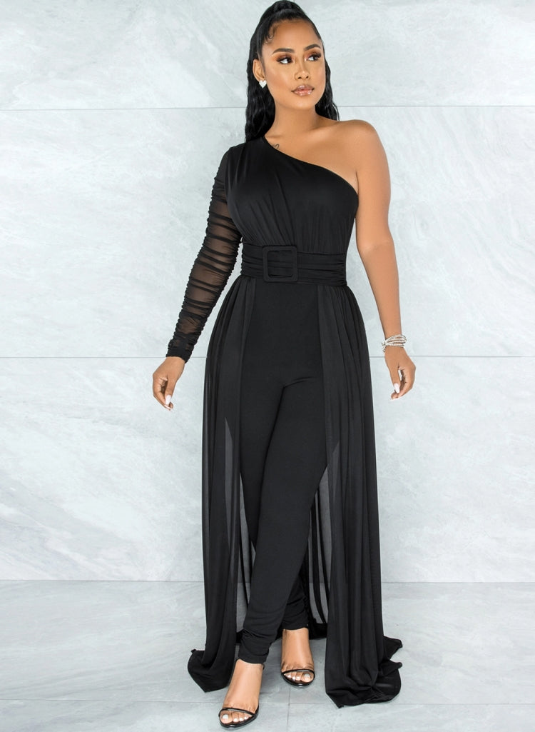 Women Summer Black Romantic Slash Neck Full Sleeves Solid Mesh Ripped Full Length Regular Jumpsuit 3