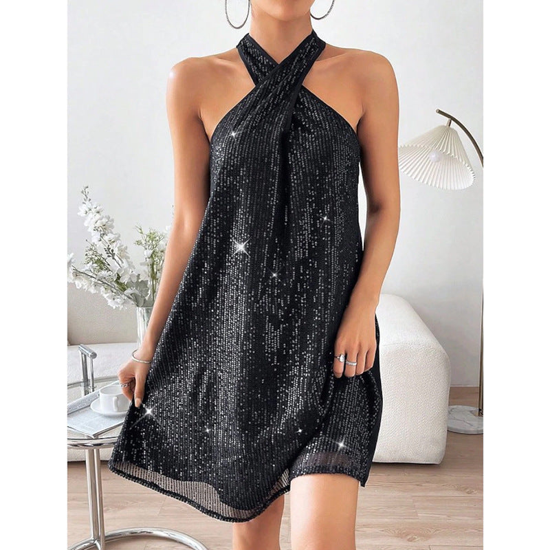 Women Halter Neck Off-Shoulder Sexy Sequin Dress 9
