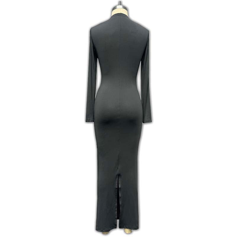 Autumn Women Half Turtle Neck Ribbed Long Sleeve Slim Fit Slim Waist Long Dress 19