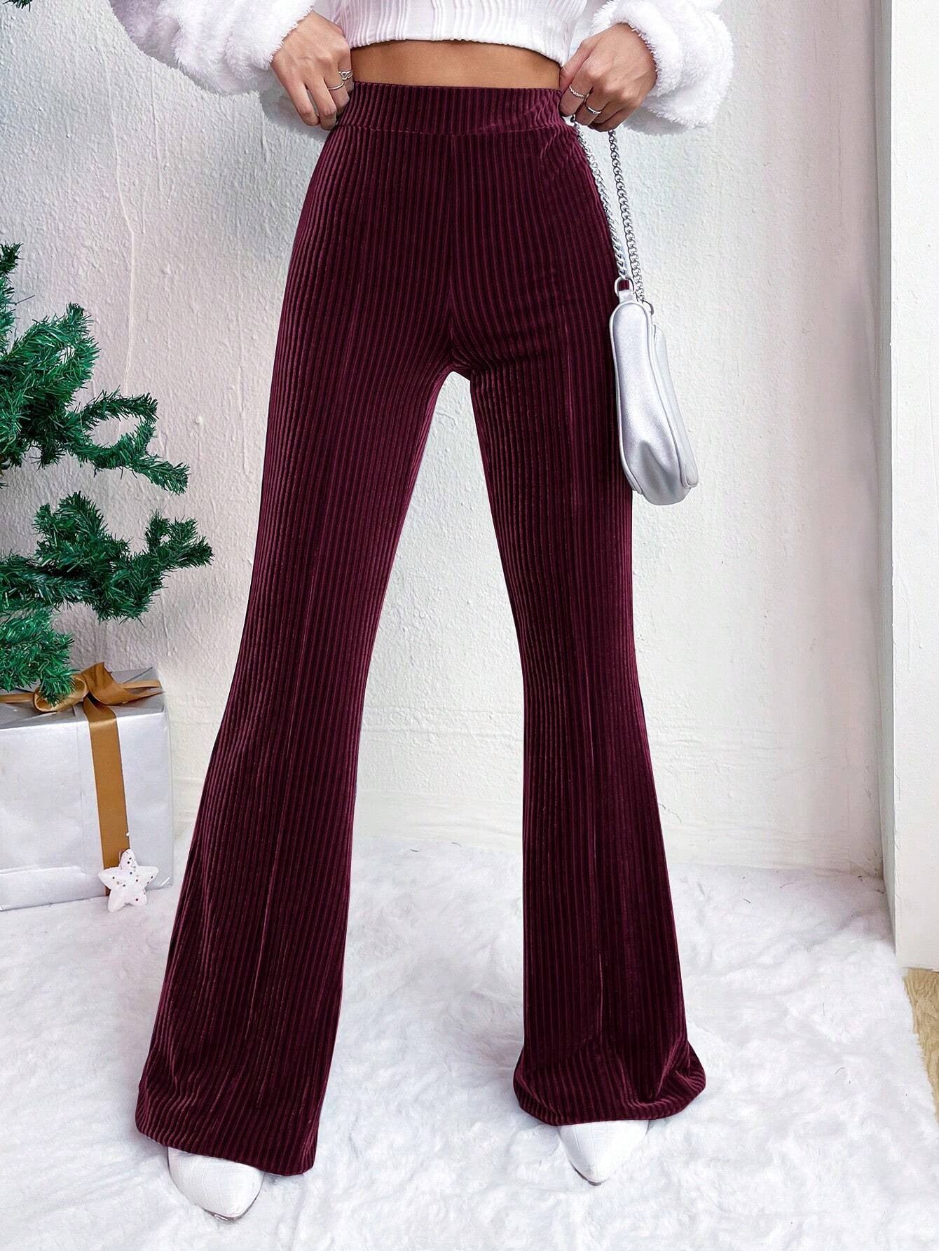 Autumn Winter Women High Waist Corduroy Bell Bottom Pants Solid Color Casual Wide-Leg Long Sweatpants 3