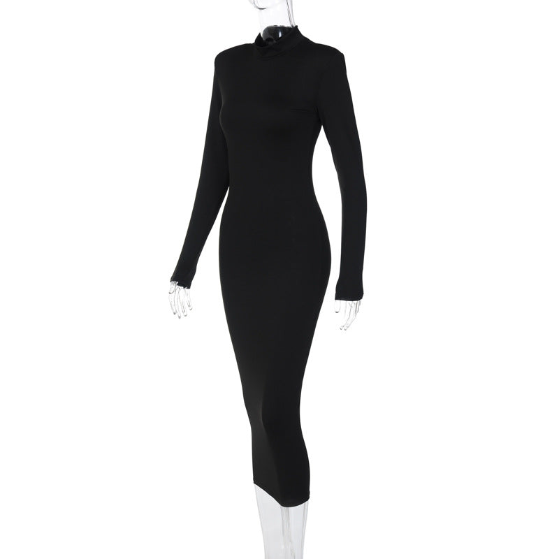 Women Fall Solid Turtleneck Long Sleeve Bodycon Dress 7