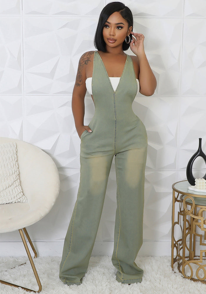 Women Stretchy Washed Denim Strapless Wide-Leg Jumpsuit