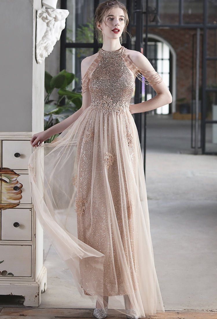 Summer Occassional Gold Sequin Mesh Patch Halter Evening Dress
