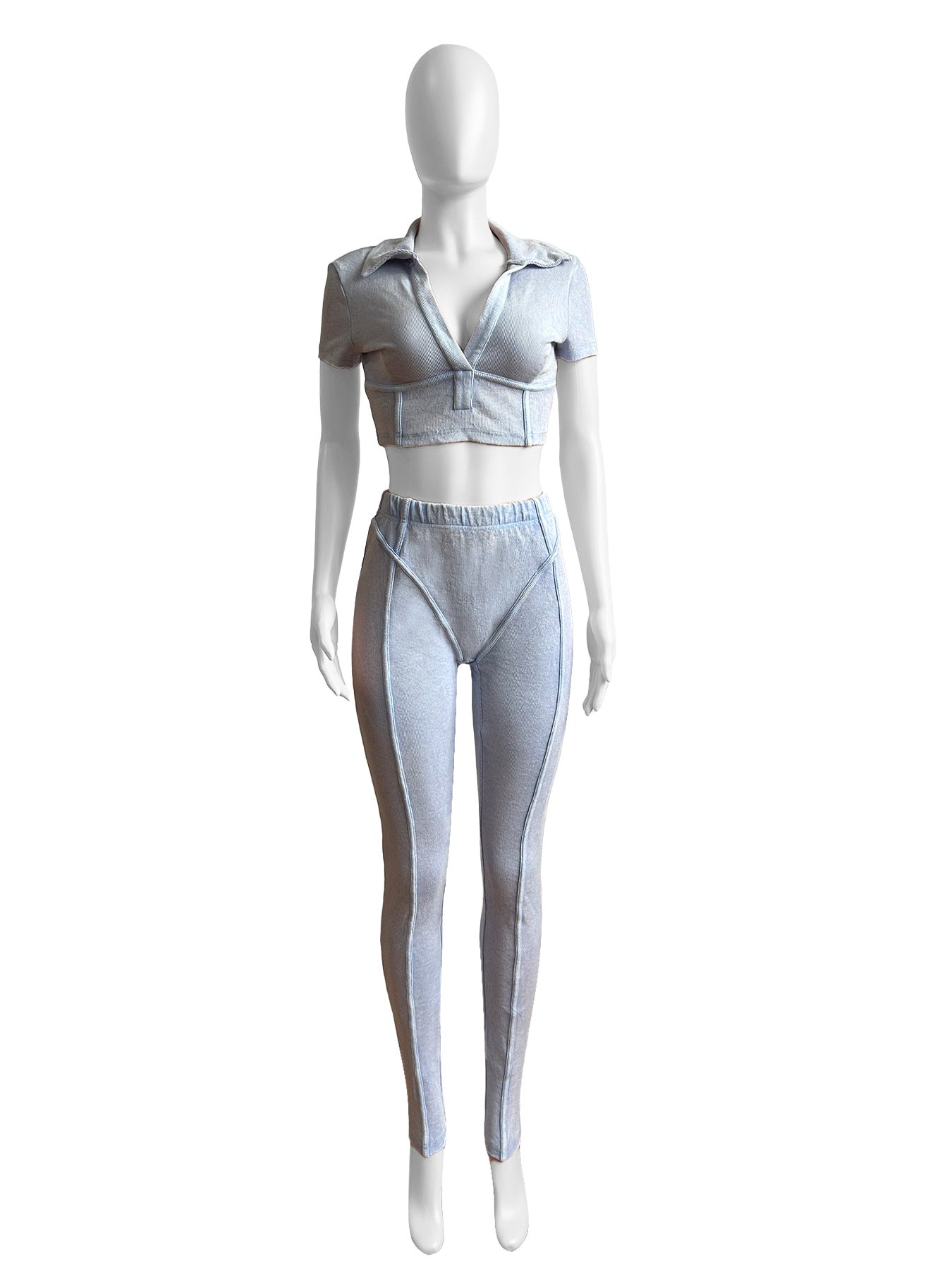 Women Washed and distressed Turndown Collar V Neck two-piece set 8