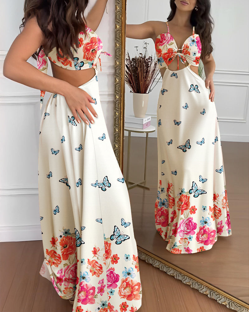 Floral Holiday Print Sexy Open Waist Strap Long Dress