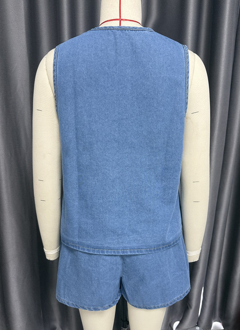 Women summer sleeveless lace top and denim shorts two-piece suit 21