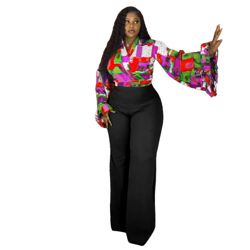 Plus-Size Women Fall Printed Bell Bottom-Sleeve Top and Wide-Leg Pants Two-Piece Set 7